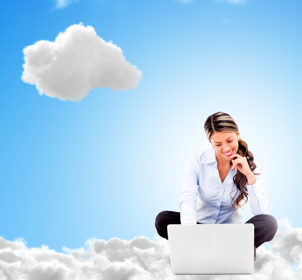 Business woman working online from a cloud and looking happy-1