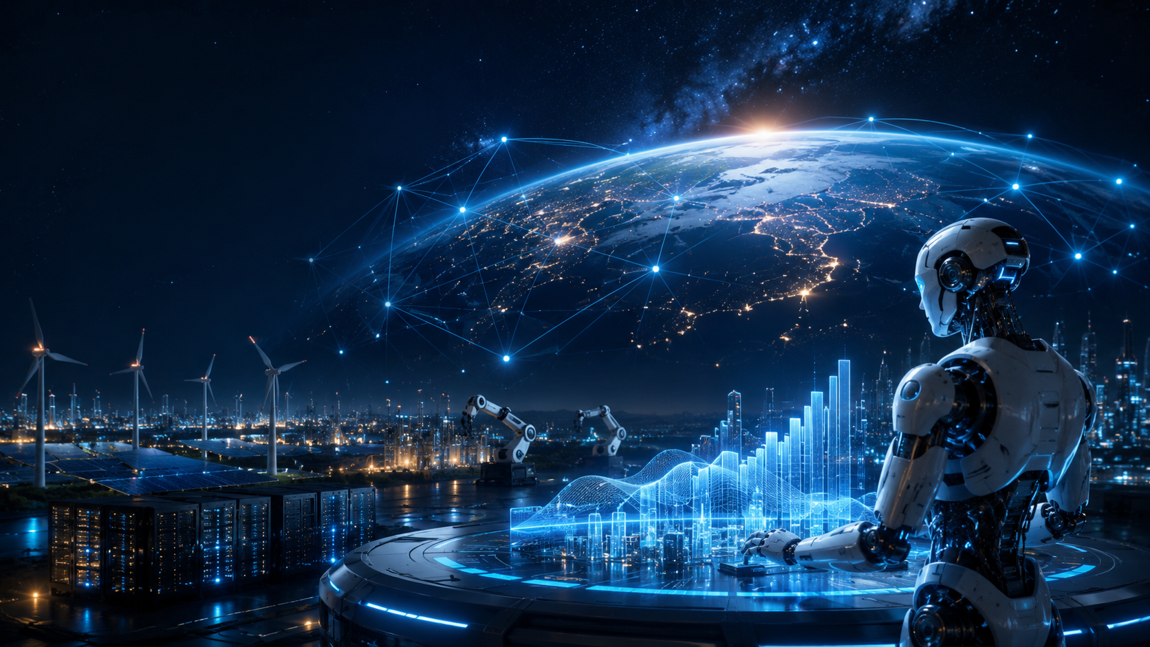 Elon Musk’s AI economy forecast visualized through global digital networks, humanoid robotics, data centres, automation and renewable energy.