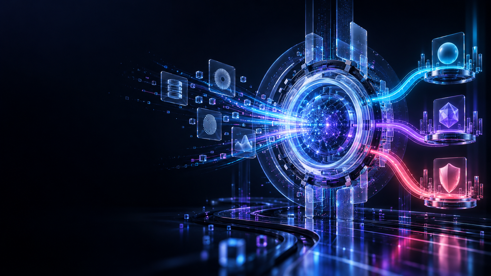 Futuristic AI decision gateway processing digital lending data through secure identity verification, risk analysis and automated financial pathways on a dark technology background.