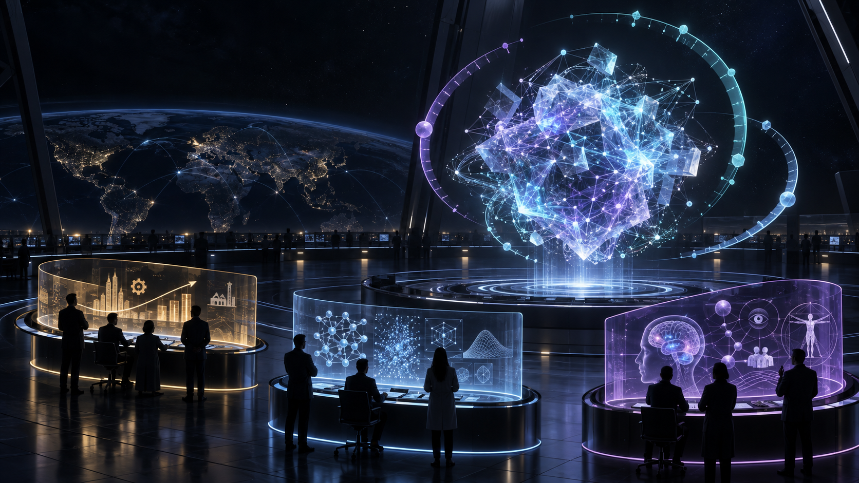 Glowing abstract AI intelligence surrounded by fragmented measurement rings, representing differing definitions and uncertain timelines for achieving AGI.