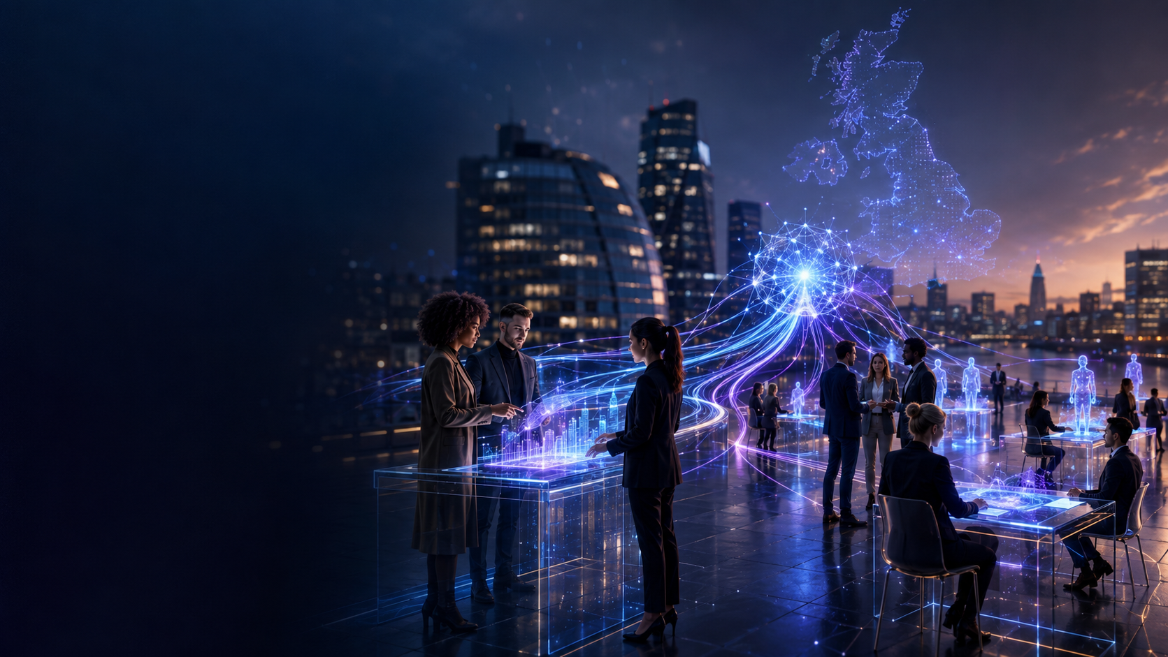 Professionals follow illuminated career pathways branching from an AI-powered tree, representing new AI jobs across UK businesses.