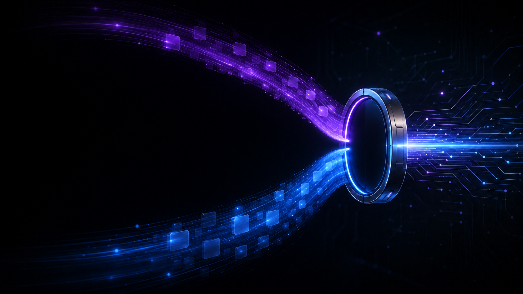 Abstract AI data streams flowing through a digital gateway, representing Stripe’s reported OpenRouter acquisition.