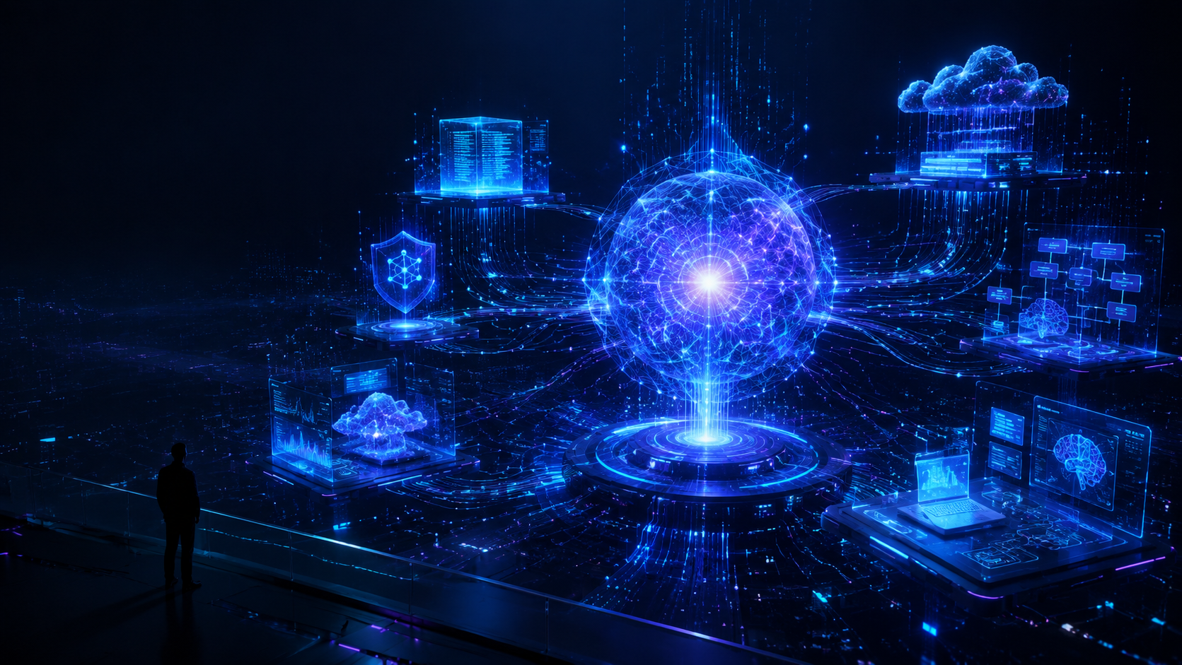 Professional monitoring AI-powered digital networks from a futuristic command centre, representing superhuman AI, cybersecurity and automated digital tasks.