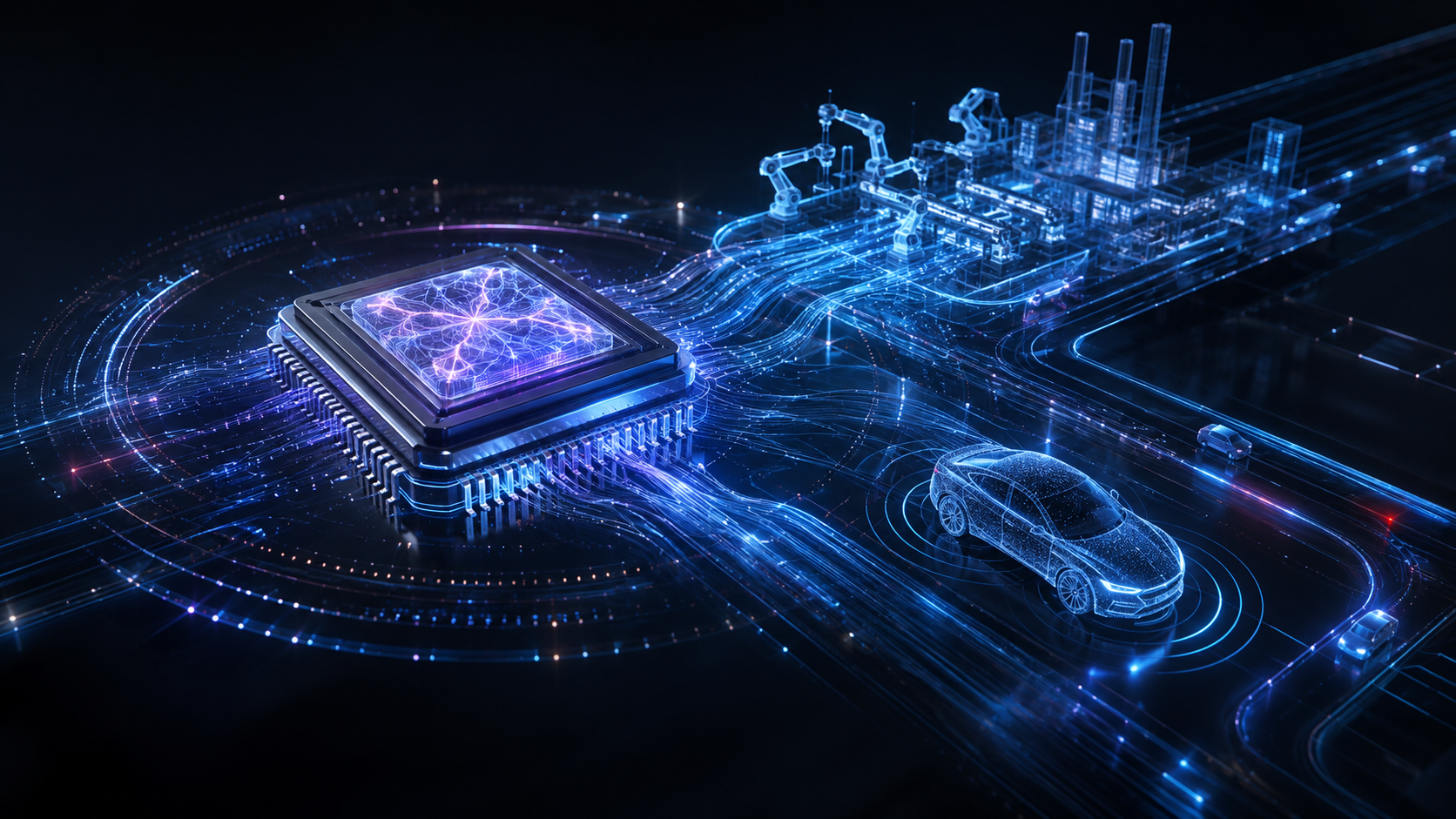 AI-powered digital vehicle moving through a connected mobility network, representing the strategic partnership between TCS and Porsche.