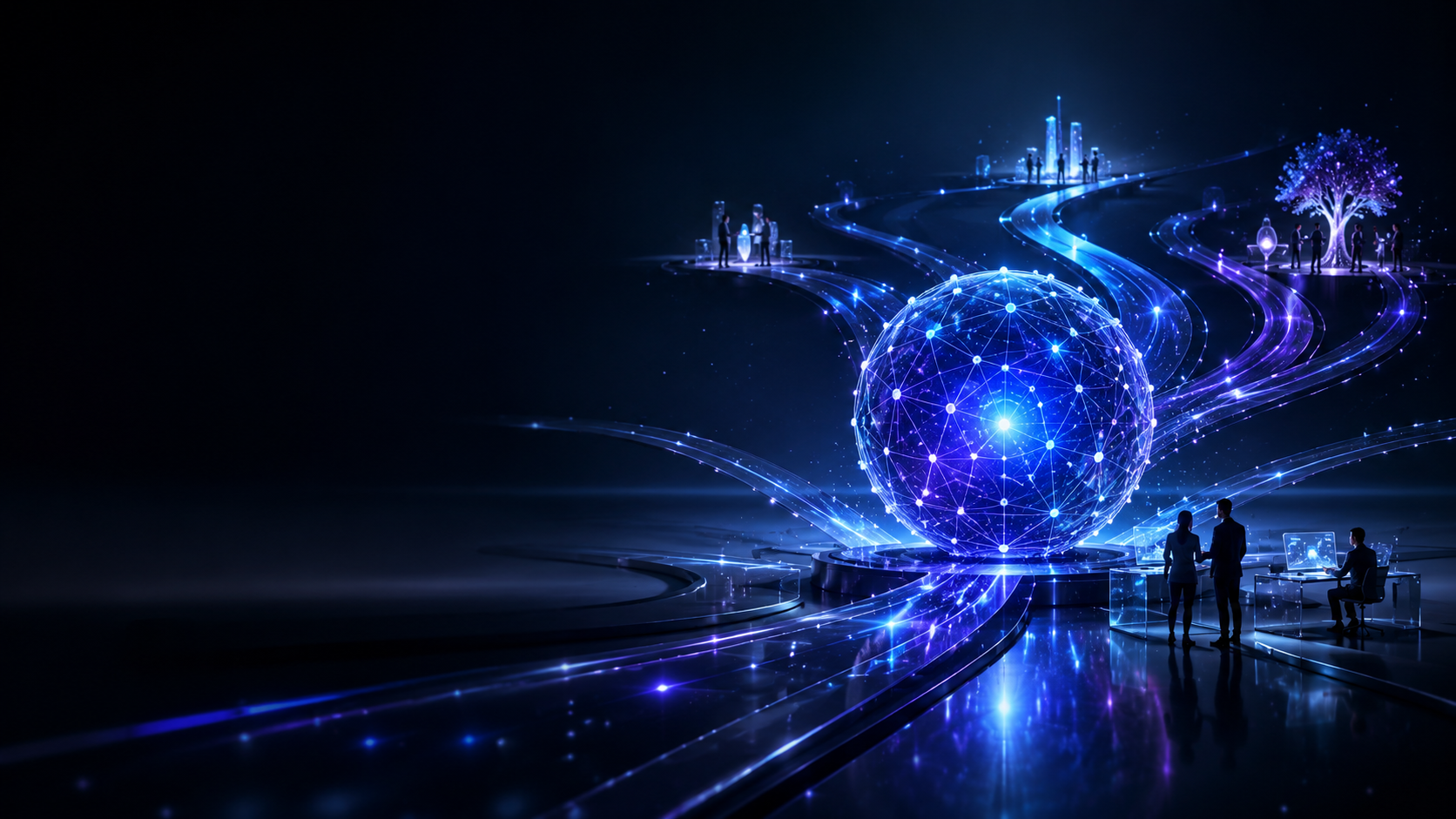 Glowing AI network sphere connected to digital career pathways, with professionals representing AI-driven job creation and workforce transformation across Asia.