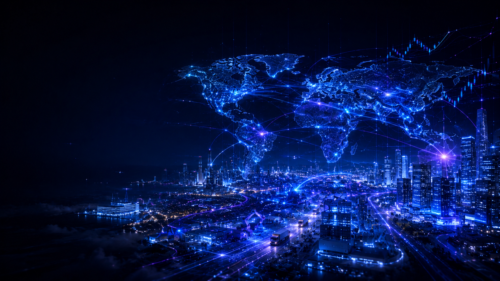 Futuristic global city connected by a glowing digital world map, representing AI’s impact on the global economy, trade and industry.